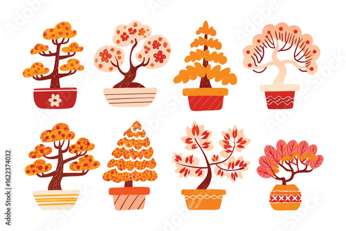 Bonsai Collection: A stylized illustration presents a collection of diverse bonsai trees, each potted with unique shapes, forms, and foliage. Evoking tranquility.