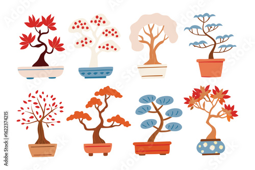 Bonsai Variety: A vibrant collection of diverse bonsai trees in decorative pots, showcasing a spectrum of foliage and form, reflecting the art of miniature tree cultivation.