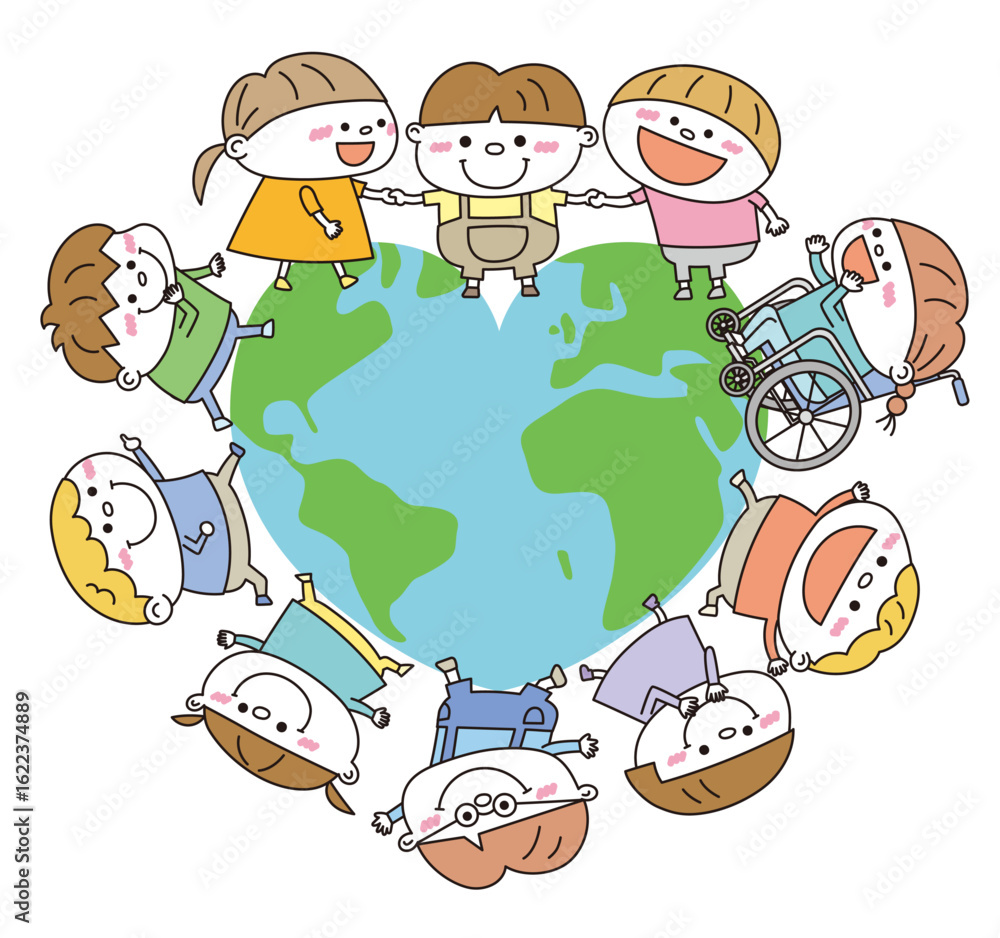Obraz premium Children Around the Earth – Inclusive Vector Illustration with Diversity and Cute Design