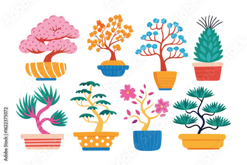 Artistic Bonsai Collection: a harmonious collection of meticulously shaped bonsai trees, each a unique masterpiece in its own right, arranged in decorative pots and displayed against a clean.
