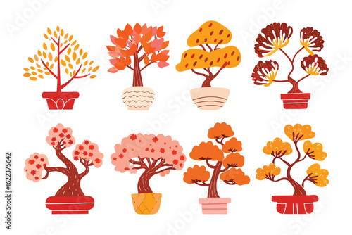 Bonsai Garden in Autumn: An illustration of diverse bonsai trees displaying vibrant autumn colors and distinct shapes, evoking a sense of calm and the beauty of nature's artistry.