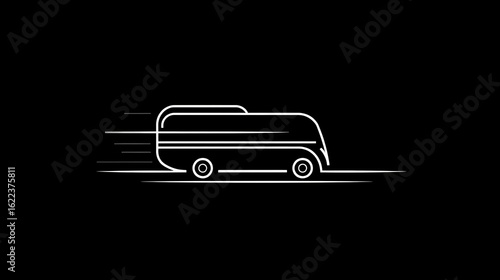 Simple line art illustration of a bus in motion on a dark background.