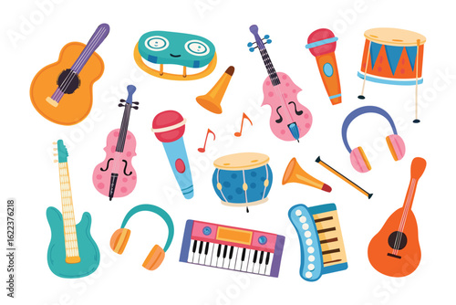 Musical Instruments Collection: A vibrant assortment of musical instruments, from guitars to drums, set against a plain backdrop, perfect for evoking the joy of music and creativity.