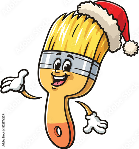 Cartoon character of a paint brush wearing a Christmas hat