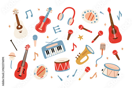 Harmony of Instruments: A vibrant assortment of musical instruments, including guitars, drums, and microphones, floats harmoniously, creating a joyful visual symphony.