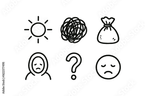 hand drawn cute doodle style line isolated on white background visual distortion (uses): mood setting abstraction concealment storytelling confusion emotion