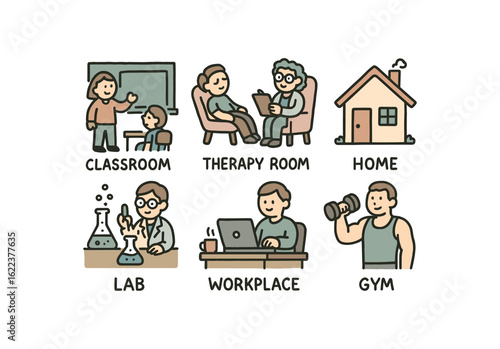 hand drawn cute doodle style line isolated on white background behavioral conditioning (settings): classroom therapy room home lab workplace gym
