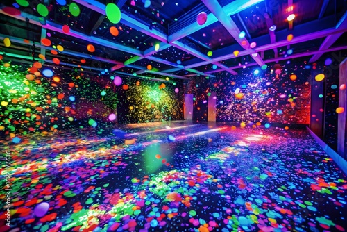 Immersive neon glow room experience with floating orbs and vibrant splatter art