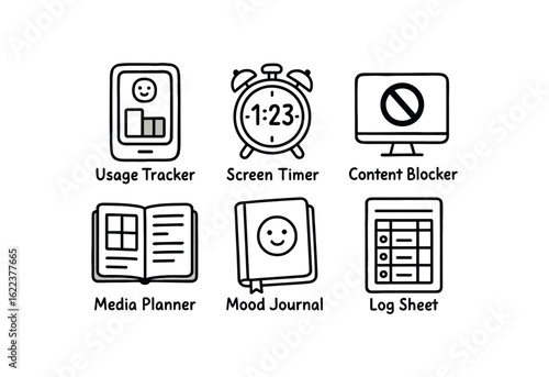 hand drawn cute doodle style line isolated on white background media consumption habit (tools): usage tracker screen timer content blocker media planner mood journal log sheet
