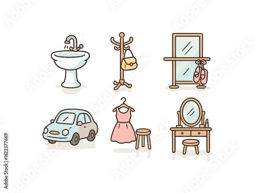 hand drawn cute doodle style line isolated on white background mirror reflection (contexts): bathroom hallway dance studio fitting room vanity