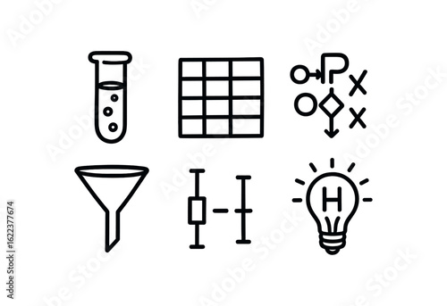 hand drawn cute doodle style line isolated on white background scientific hypothesis screening (symbols): test tube data grid logic icon filter triangle error bar hypothesis bulb