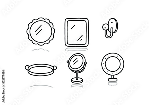 hand drawn cute doodle style line isolated on white background mirror reflection (objects): mirror frame reflection glass surface mount vanity tray light ring