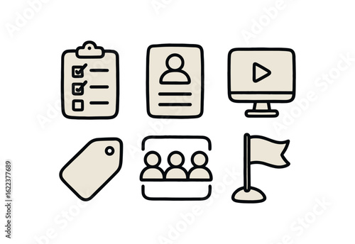 hand drawn cute doodle style line isolated on white background ideological screening (tools): survey profile form media audit tag system group rule flag marker