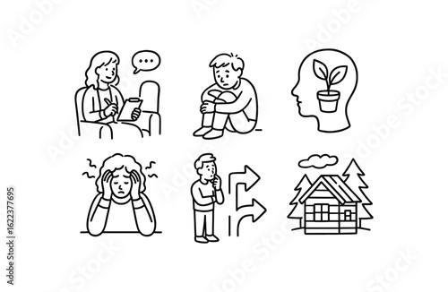 hand drawn cute doodle style line isolated on white background introspection (contexts): therapy solitude personal growth stress decision making retreat