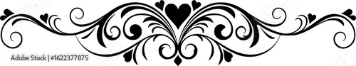 Filigree curly Calligraphic Heart, Fancy Line Flourishes Swirls hearts, curve romantic love separator, Valentines Day divider flourish Swirl, Calligraphy Flourish lettering header hearts scroll