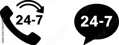 24 7 service icon set. 24-7 open, concept with call icon. Support 24 hours a day and 7 days a week. Support service. Vector Illustration. EPS 10
