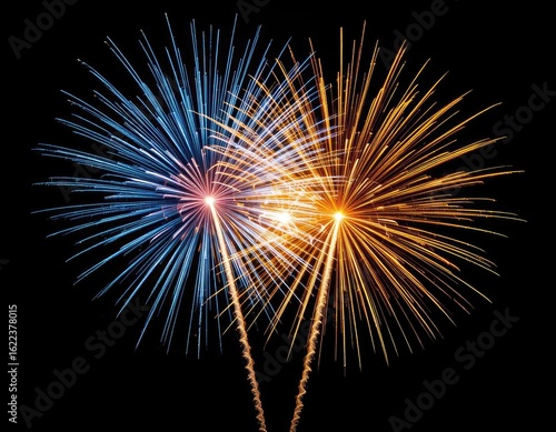 Two fireworks exploding one blue and one orange against a black backdrop