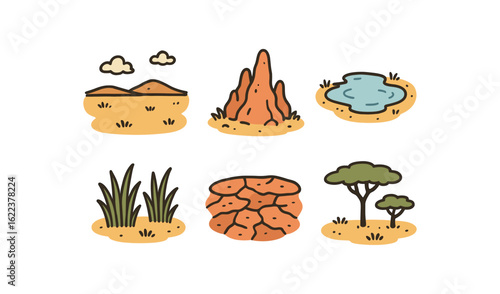 hand drawn cute doodle style line isolated on white background savanna ecosystem (features): open plain termite mound waterhole tall grass dry soil scattered trees