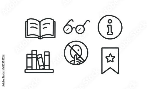 hand drawn cute doodle style line isolated on white background librarian (symbols): open book reading glasses info icon shelf stack quiet sign bookmark