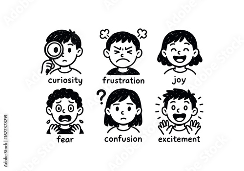 hand drawn cute doodle style line isolated on white background adolescence (emotions): curiosity frustration joy fear confusion excitement