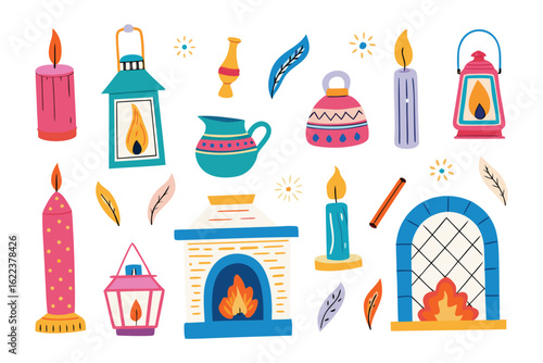 Decorative Candle Collection: An assortment of decorative candles, lanterns, and a fireplace, illustrated in a vibrant, artistic style, perfect for conveying warmth, ambiance, and festive cheer.