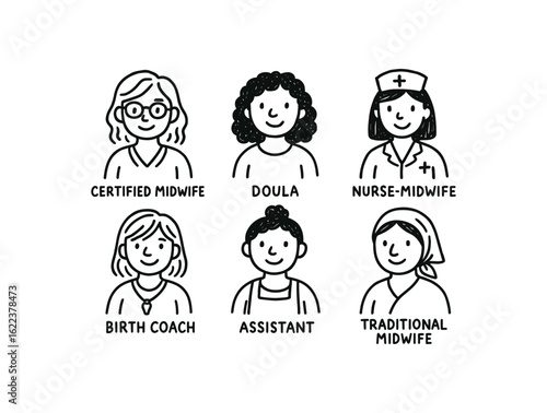 hand drawn cute doodle style line isolated on white background midwife (roles): certified midwife doula nurse midwife birth coach assistant traditional midwife