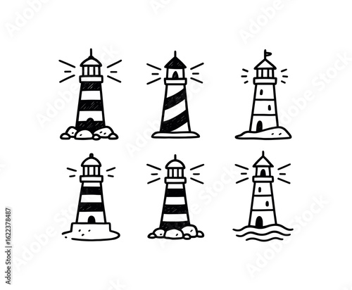 hand drawn cute doodle style line isolated on white background lighthouse (concepts): guidance isolation vigilance navigation history solitude