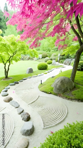 Japanese zen garden with pink maple tree in kyoto, japan in springtime
