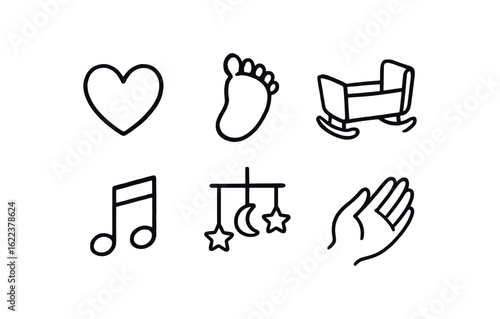 hand drawn cute doodle style line isolated on white background newborn infant (symbols): heart icon baby foot cradle lullaby note mobile gentle hand