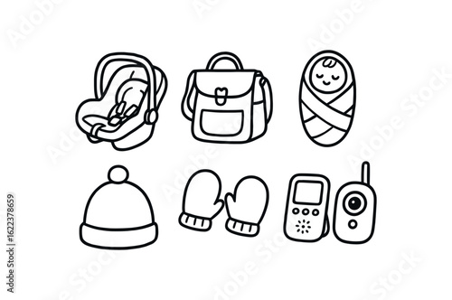 hand drawn cute doodle style line isolated on white background newborn infant (gear): diaper bag swaddle hat mittens monitor