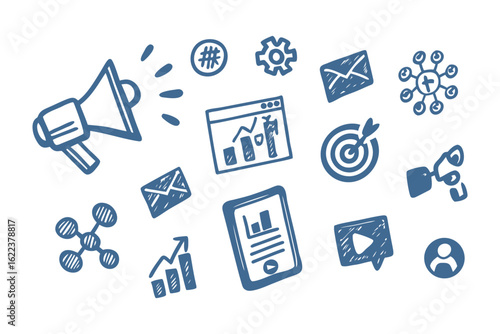 Digital Marketing Conceptual Sketch: A comprehensive sketch illustrating a range of marketing strategies, including social media, email campaigns, and data-driven analysis.