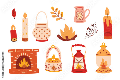 Cozy Autumn Collection: A charming collection of autumn-themed illustrations, featuring elements such as burning candles, a crackling bonfire, and delicate leaves.