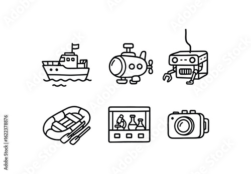 hand drawn cute doodle style line isolated on white background oceanographer (vehicles): research vessel submersible ROV inflatable boat ship lab underwater camera. hand drawn cute doodle