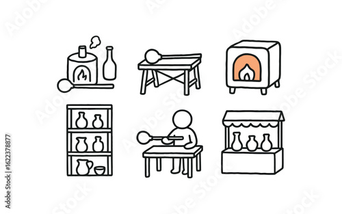 hand drawn cute doodle style line isolated on white background glassblow (settings): hot shop studio bench glowing furnace display shelf demo stage craft fair