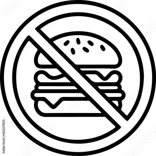 Icon of a hamburger with a prohibition symbol indicating no fast food or unhealthy eating