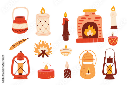 Illuminating Warmth: A collection of various candles and lanterns casting a warm glow, representing coziness and ambiance.