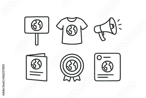 hand drawn cute doodle style line isolated on white background environmental activist (tools): signboard t shirt bullhorn info leaflet badge media post