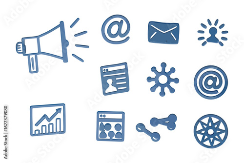 Digital Communication Icons: A collection of modern digital communication icons arranged in a aesthetically pleasing manner.