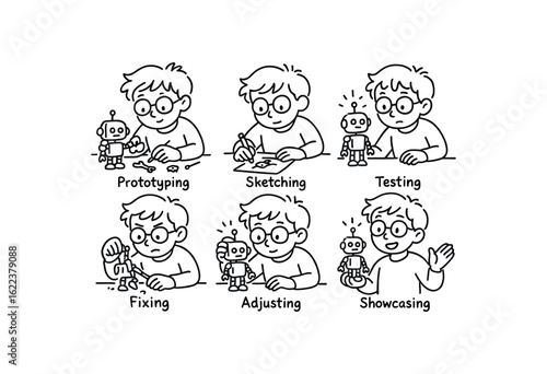 hand drawn cute doodle style line isolated on white background young inventor (scenes): prototyping sketching testing fixing adjusting showcasing