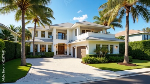 Modern Luxury Beach House with Blue Sky and Palm Tree Landscape