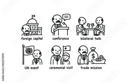 hand drawn cute doodle style line isolated on white background foreign ambassador (contexts): foreign capital conference bilateral talk UN event ceremonial visit trade mission