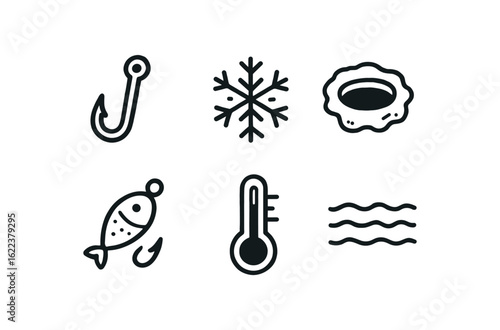 hand drawn cute doodle style line isolated on white background ice fishing (symbols): fish hook snowflake icy hole bait icon thermometer frozen water