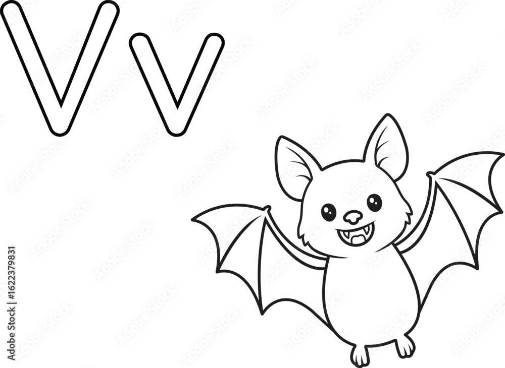 Fototapeta premium Alphabet coloring page letter V with vampire bat