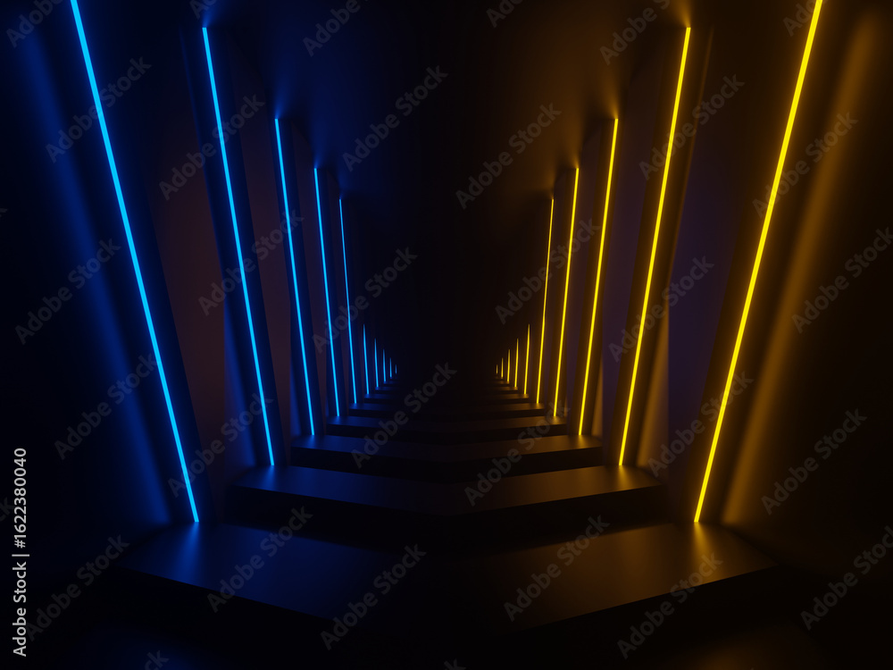 Naklejka premium 3D Yellow neon tunnel. Black background with yellow neon lights