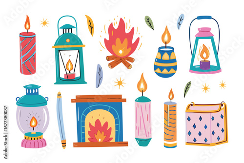 Warm Glow Collection: This artistic illustration features a vibrant assortment of candle lanterns and a crackling fire, emanating a warm, inviting ambiance with detailed designs. 