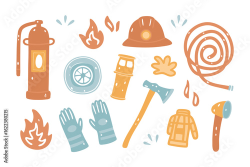 Firefighting Essentials: A collection of essential firefighting tools and equipment, meticulously illustrated to represent the bravery and dedication of first responders.