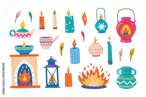 Illuminating Icons: A collection of brightly lit candles, lanterns, and a cozy fireplace, each one a vibrant symbol of warmth and spiritual illumination.