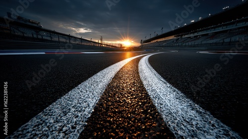 Racing track asphalt at sunset. Wide view of a racing track's surface, showing white painted lines curving into the distance, with a dramatic sunset sky