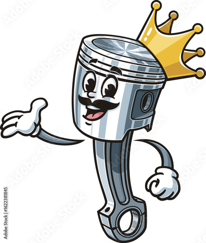 Cartoon character of the piston king wearing his crown