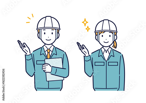提案をする作業着姿の男女のイラスト